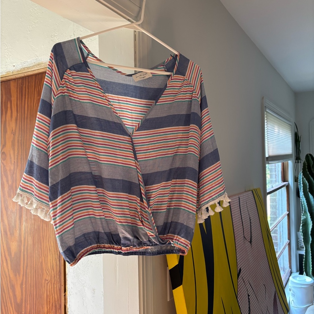 Anthropologie Lavender Field Multicolor Striped V-Neck Cropped Front Blouse